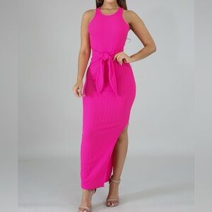 Hot pink fitted bodycon party spring midi dress with side split and tie sz M